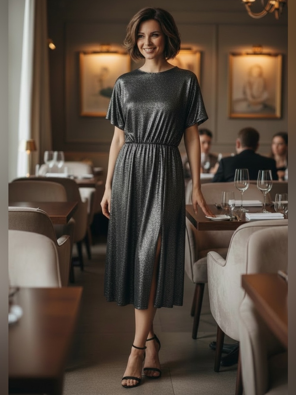Donna Morgan Silver Metallic Black Midi Dress with Front Side Slit NWT Size 10